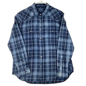 Lucky Brand Western Shirt Men XL Blue Plaid True Indigo Snap Button Long Sleeve
